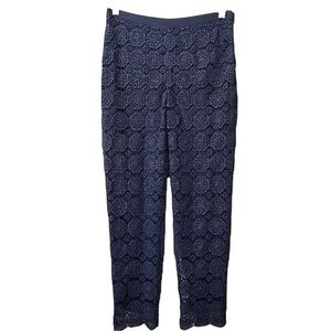 St. John Couture Emma Fit Blue Brocade Lace Overlay Ribbon Waist Side Zip Pants